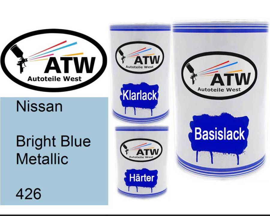 Nissan, Bright Blue Metallic, 426: 500ml Lackdose + 500ml Klarlack + 250ml Härter - Set, von ATW Autoteile West.